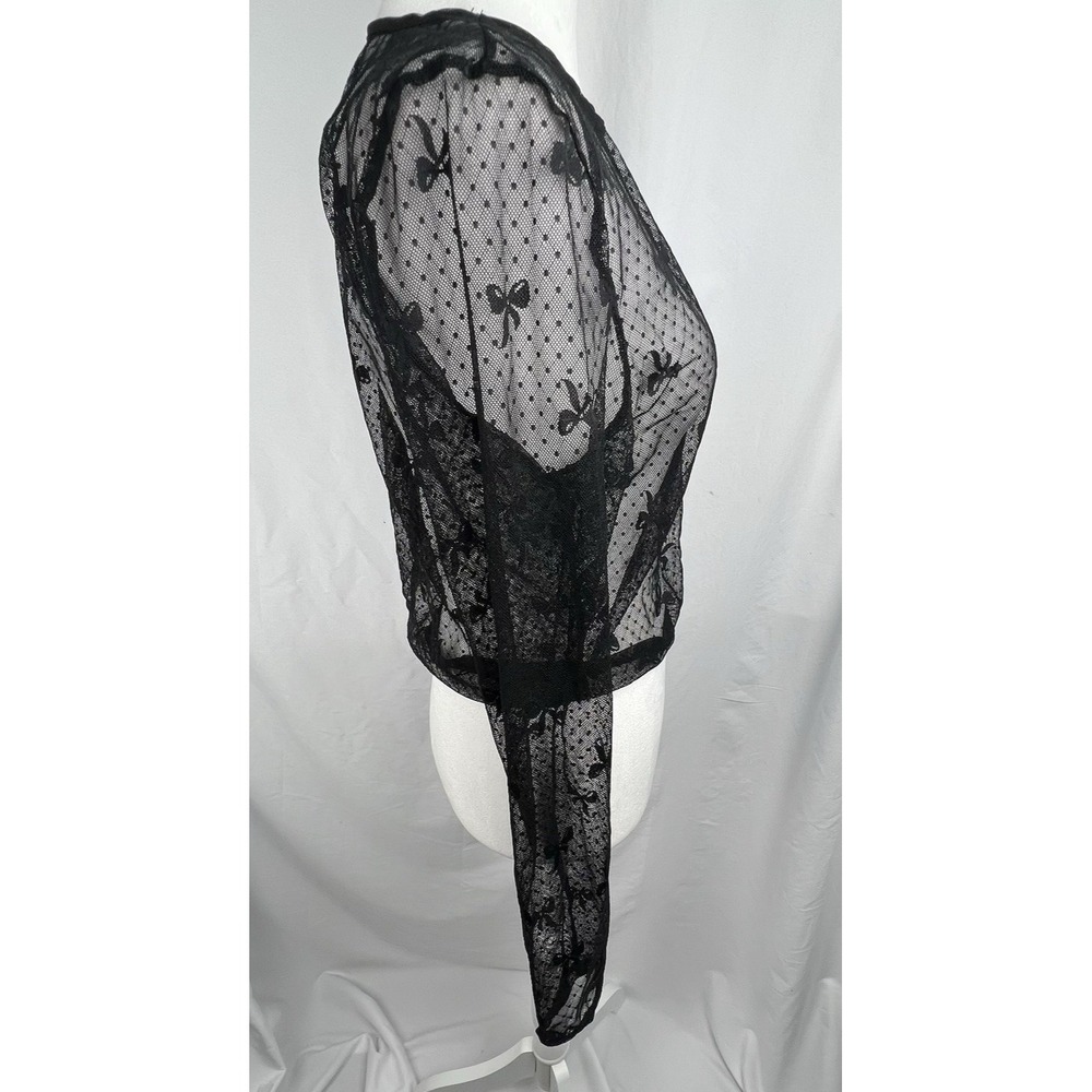 Bodyrage Black Sheer Mesh Bow Polka Dot Long Sleeve Top L/XL Goth Coquette Y2K - Picture 8 of 12